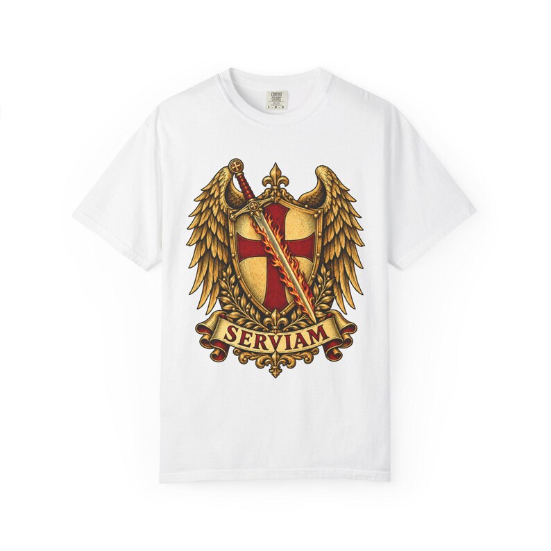 Archangel Michael Emblem Tee, Bold Sticker Style Shield and Wings, I Will Serve Catholic Gift for Veteran or Police Officer, Comfort Colors image 7