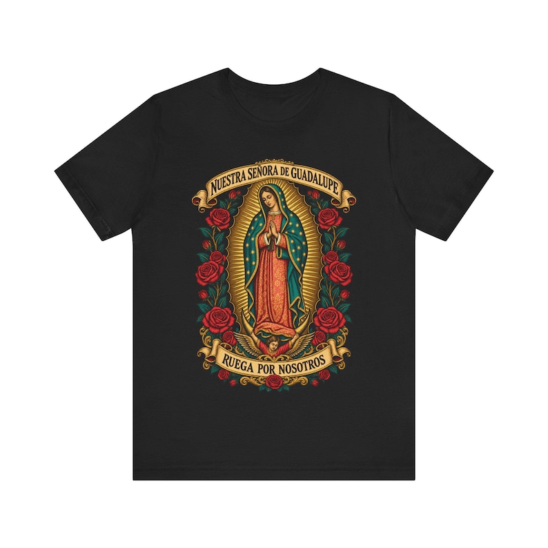 Guadalupe Shirt, La Guadalupana Ornate Virgen Morena Tee, Ruega por Nosotros, Our Lady of Tepeyac Holy Card Art, Mexican Gift for Mom image 5
