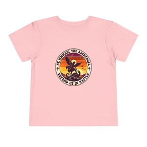 Toddler Retro St Michael Badge Tee, Defend Us in Battle Shirt, Catholic Gift for Toddlers, Archangel Slaying Dragon Sunset image 16