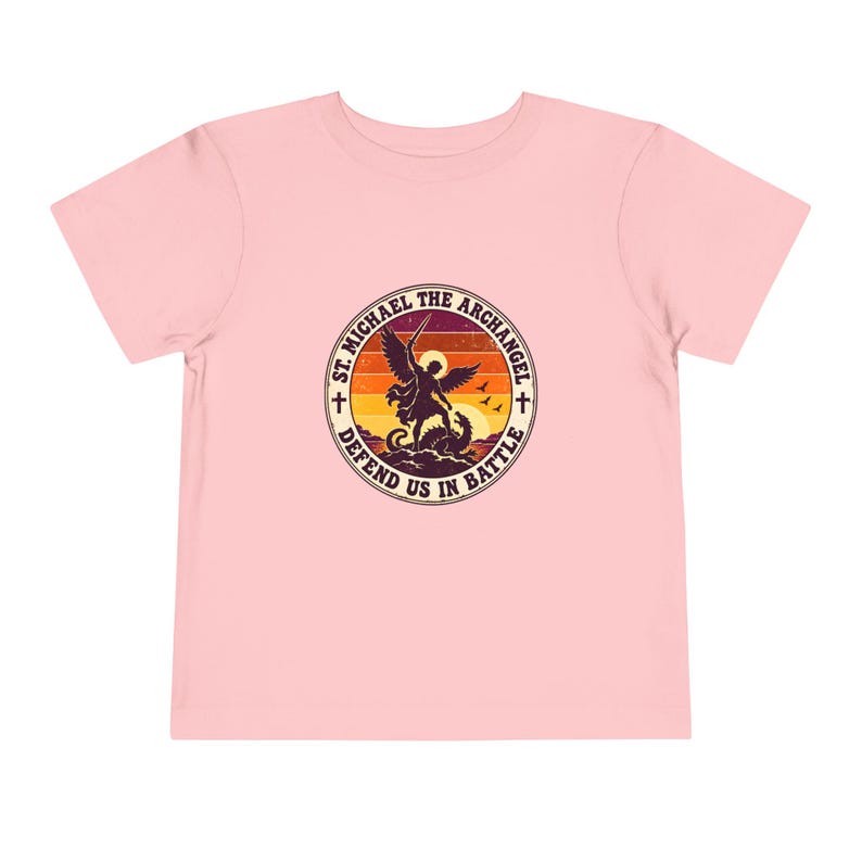 Toddler Retro St Michael Badge Tee, Defend Us in Battle Shirt, Catholic Gift for Toddlers, Archangel Slaying Dragon Sunset image 16