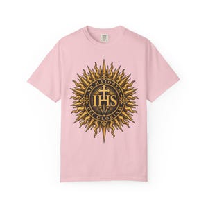 IHS Christogram Tee, AMDG Golden Sunburst, For the Greater Glory of God, Latin Catholic Gift for Jesuit Alumni or Graduates, Comfort Colors image 9