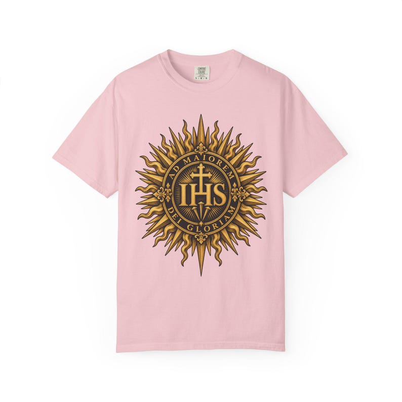 IHS Christogram Tee, AMDG Golden Sunburst, For the Greater Glory of God, Latin Catholic Gift for Jesuit Alumni or Graduates, Comfort Colors image 9