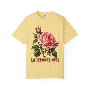 Little Flower Power Comfort Colors Shirt | St Therese Catholic T-Shirt | Gift for Catholic Women | Vintage Pink Roses image 4