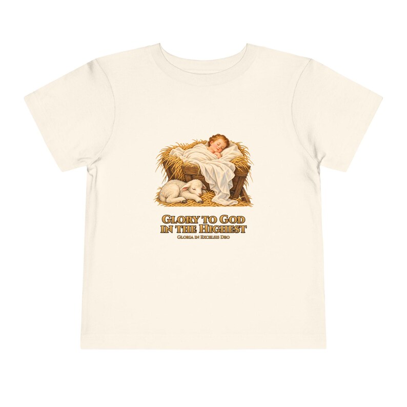 Toddler Glory to God in the Highest Tee, Nativity Christmas Shirt, Catholic Christmas Gift for Toddlers, Baby Jesus and Lamb image 4