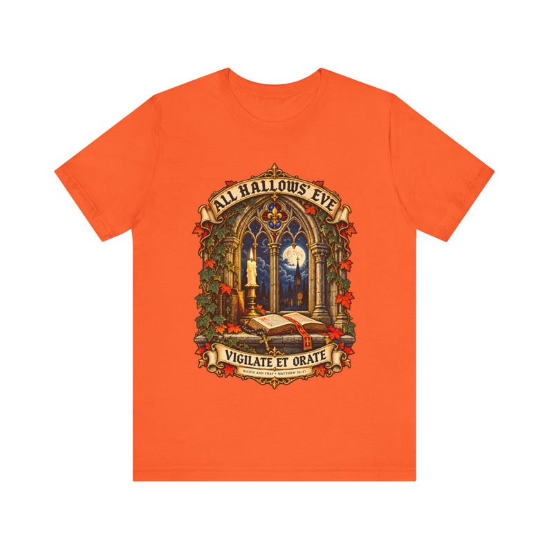 Maglietta di Ognissanti / Maglietta cattolica di Halloween / Regalo gotico / Vigilate et Orate, Finestra della chiesa illuminata dalla luna immagine 7