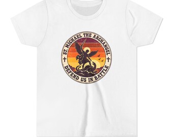 Kids Retro St Michael Badge Shirt, Youth Defend Us in Battle Tee, Catholic Boys Gift, Archangel Slaying Dragon Sunset