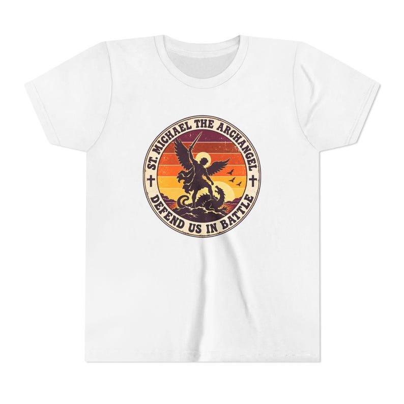 Kids Retro St Michael Badge Shirt, Youth Defend Us in Battle Tee, Catholic Boys Gift, Archangel Slaying Dragon Sunset image 1