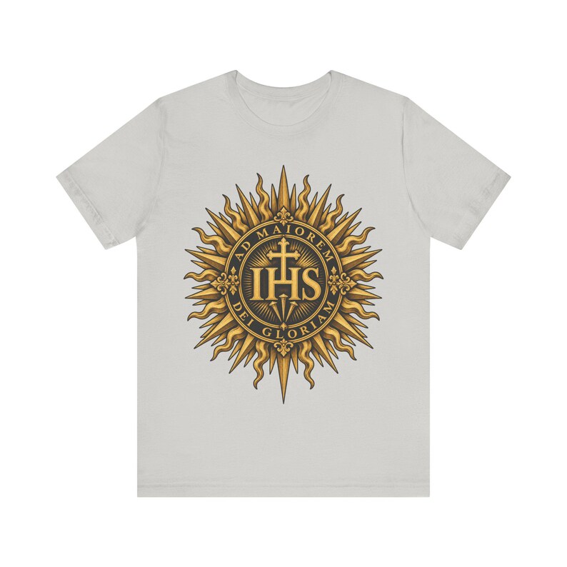 Ad Maiorem Dei Gloriam skjorta, AMDG IHS Sunburst Tee, latinsk katolsk gåva, jesuitexamen eller konfirmationspresent, Ignatians motto bild 6