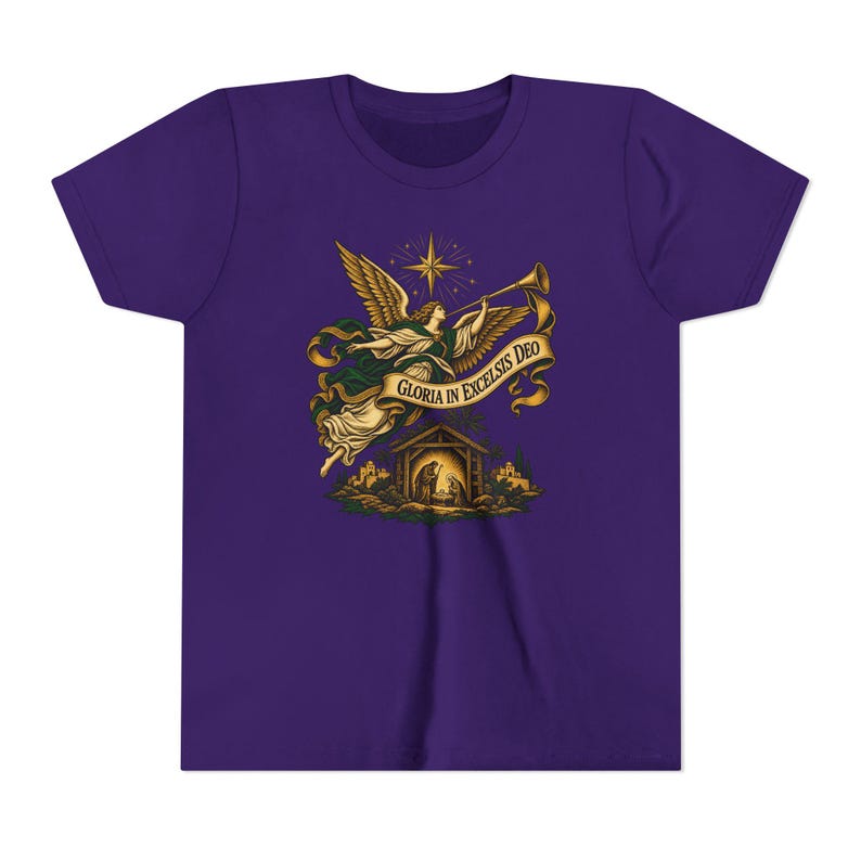 Camiseta infantil del Ángel de la Natividad, Camiseta juvenil Gloria in Excelsis Deo, Regalo católico de Navidad para niños, Representación navideña de la Estrella de Belén imagen 19