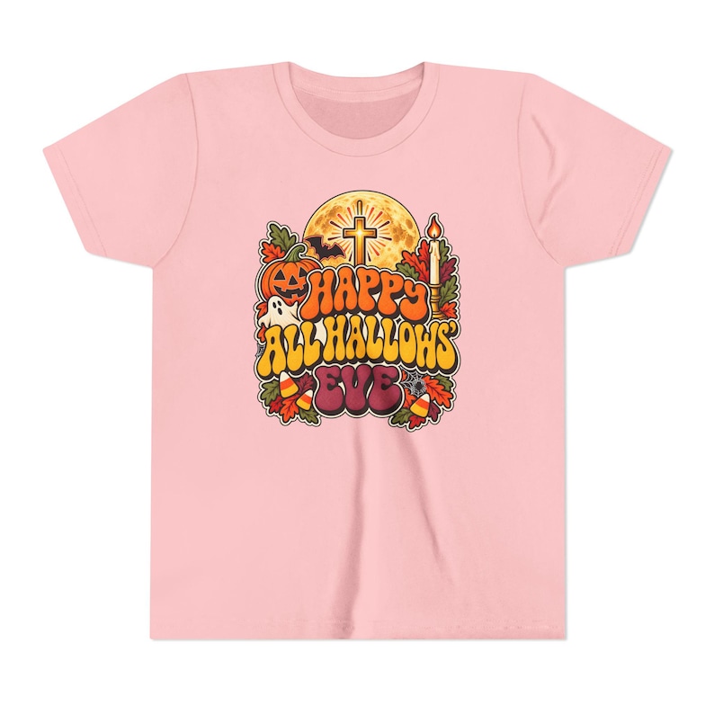 Kinder T-shirt met katholieke Halloween-opdruk, retro en groovy Halloween-shirt, pompoen met kruis en maan. afbeelding 8