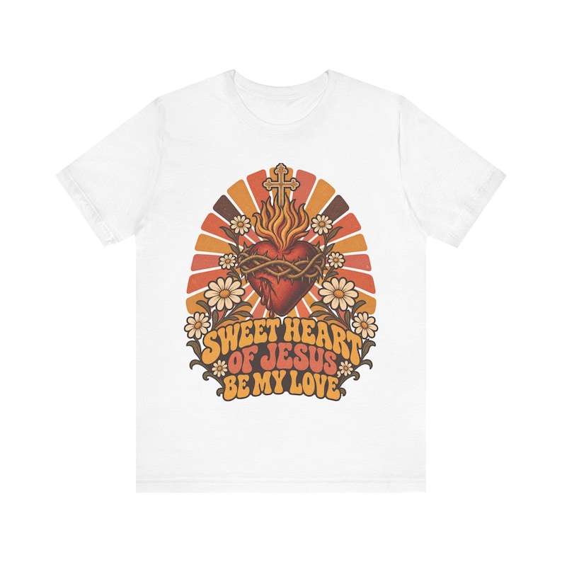 Sacred Heart Shirt, Be My Love Sweet Jesus Retro Tee, Catholic Valentine Gift for Her, Vintage 70s Christian Floral Apparel image 2