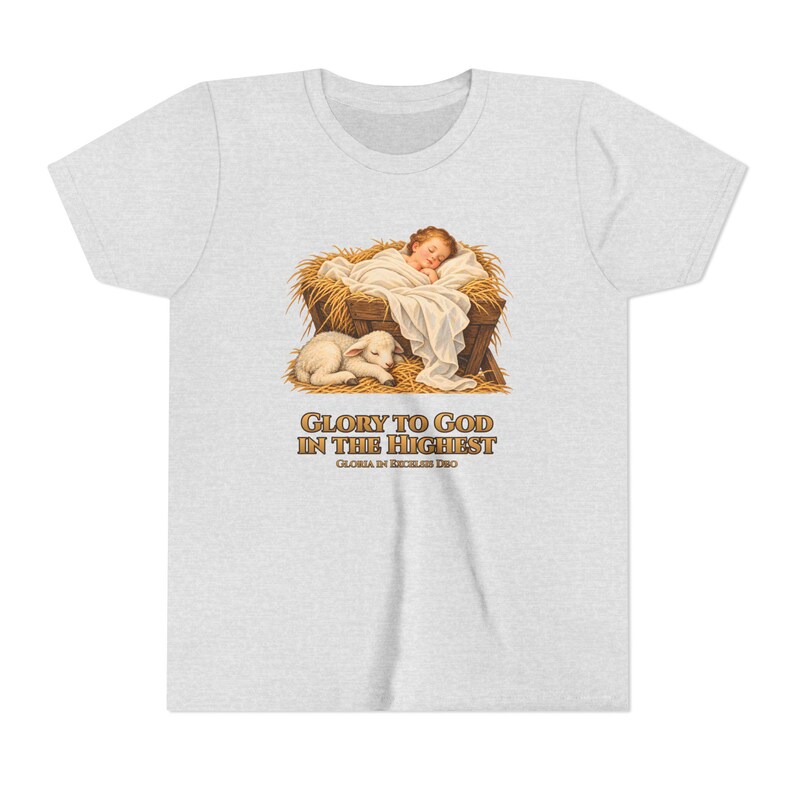 Kids Glory to God in the Highest Shirt, Youth Nativity Christmas Tee, Catholic Christmas Gift for Kids, Baby Jesus in the Manger image 2