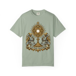 Monstrance Tee, Behold the Bread of Angels, Eucharist Adoration Gift for Priests or Deacons, Corpus Christi, Ecce Panis, Comfort Colors image 5