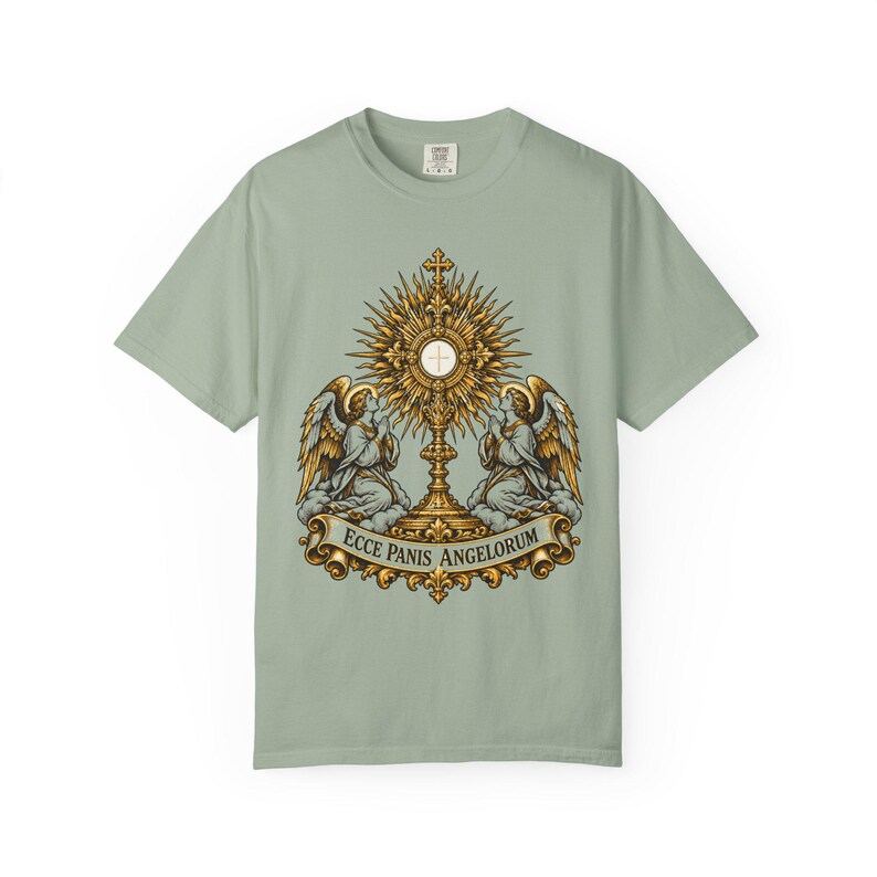 Monstrance Tee, Behold the Bread of Angels, Eucharist Adoration Gift for Priests or Deacons, Corpus Christi, Ecce Panis, Comfort Colors image 5