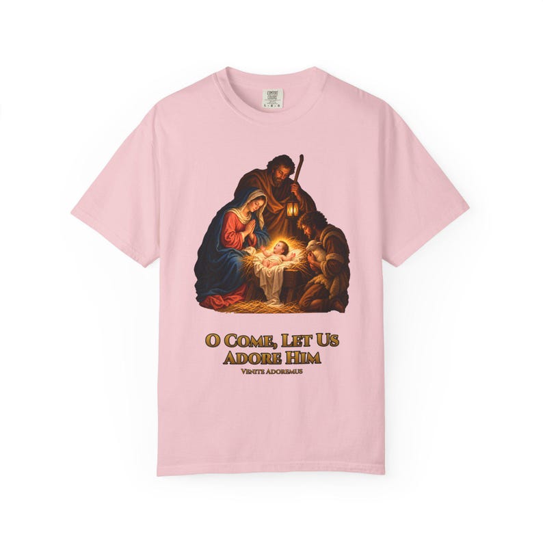 O Come Let Us Adore Him Comfort Colors Shirt | Catholic Christmas Nativity T-Shirt | Christmas Gift | Holy Family at the Manger image 12