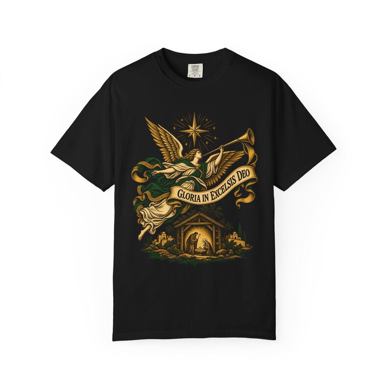 Nativity Angel Tee, Gloria in Excelsis Deo Trumpet, Christian Christmas Gift for Parents, Star of Bethlehem Holy Family Art, Comfort Colors image 6