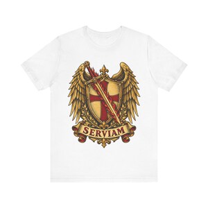 St. Michael T-shirt | Katholiek T-shirt | Vormselcadeau voor mannen | Gevleugeld schild en vlammend zwaard afbeelding 3