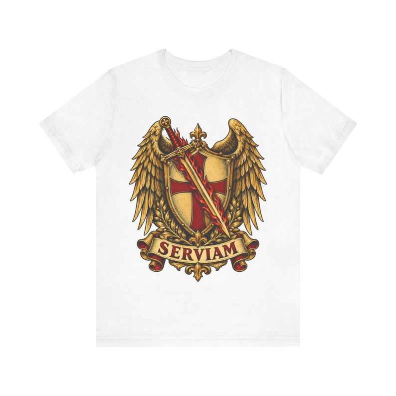 St. Michael T-shirt | Katholiek T-shirt | Vormselcadeau voor mannen | Gevleugeld schild en vlammend zwaard afbeelding 3