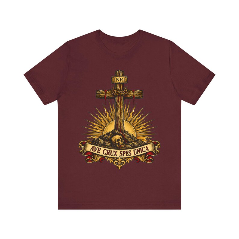 Ave Crux Spes Unica Shirt, Hail the Cross Our Only Hope Tee, Latin Crucifix with INRI, Lenten Gift for Catholic Men, Good Friday Apparel image 7