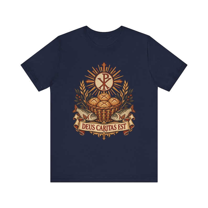 Deus Caritas Est Shirt, Loaves and Fishes Mosaic Tee, Chi Rho Early Christian Art, Catholic Volunteer Gift, Ichthys Fish and Bread Apparel image 6