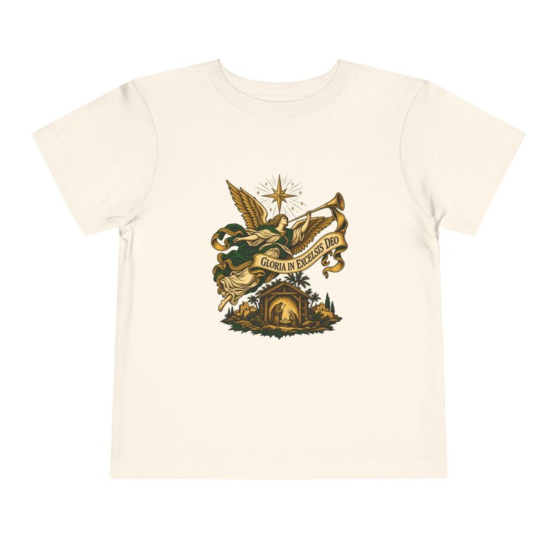 Toddler Nativity Angel Tee, Gloria in Excelsis Deo Christmas Shirt, Catholic Christmas Gift for Toddlers, Star of Bethlehem Art image 4