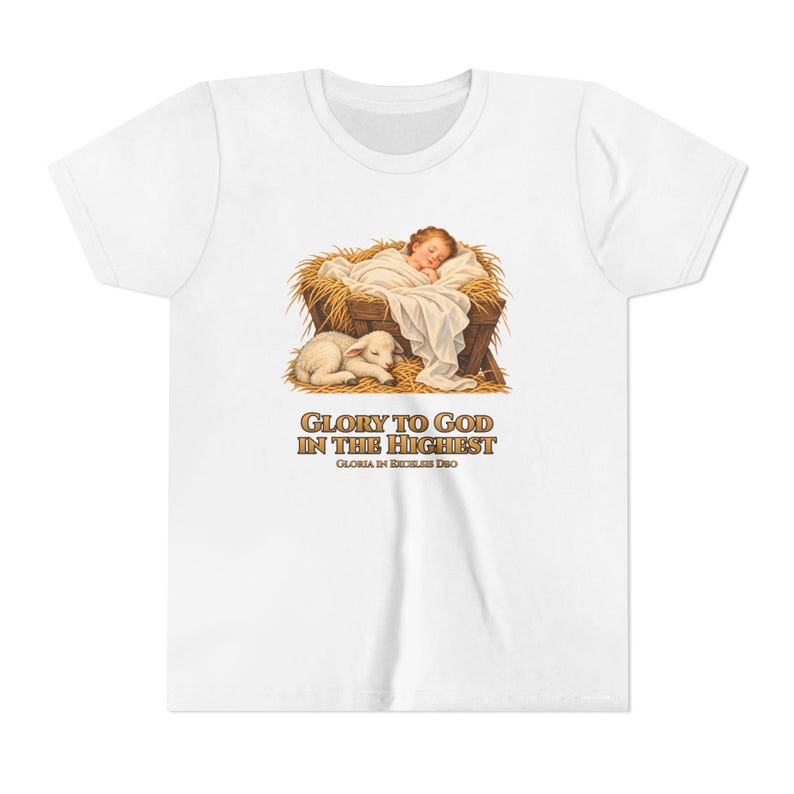 Kids Glory to God in the Highest Shirt, Youth Nativity Christmas Tee, Catholic Christmas Gift for Kids, Baby Jesus in the Manger image 1