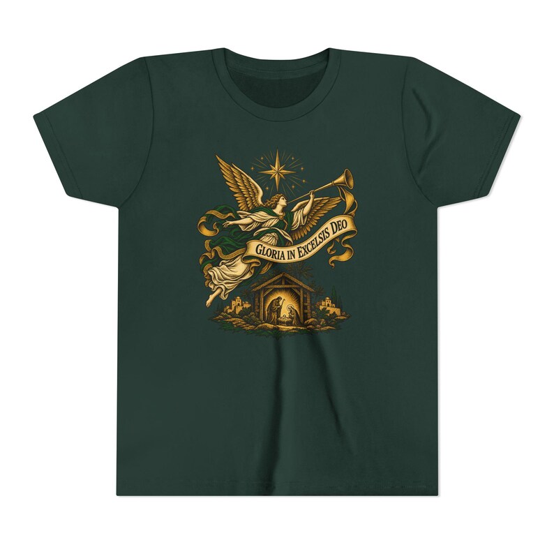 Camiseta infantil del Ángel de la Natividad, Camiseta juvenil Gloria in Excelsis Deo, Regalo católico de Navidad para niños, Representación navideña de la Estrella de Belén imagen 10