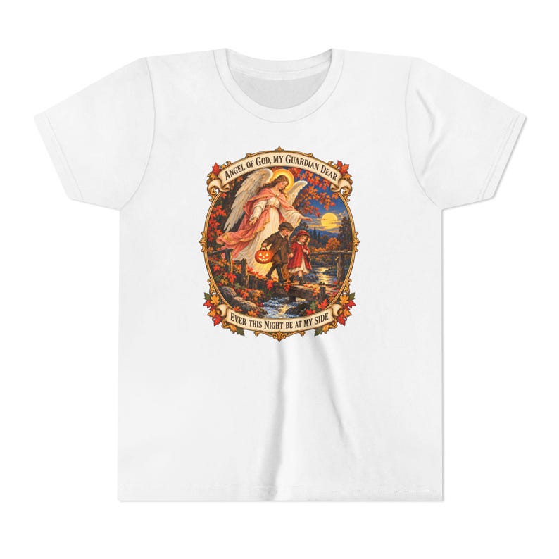 Camiseta infantil con la oración del Ángel de Dios, camiseta juvenil del Ángel Guardián, regalo católico para niños "Mi querido Guardián", arte vintage de puente otoñal. imagen 1