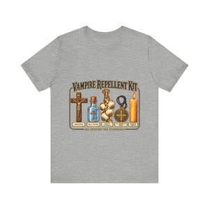 Vampire Repellent Kit Shirt, Funny Catholic Halloween Tee, Crucifix Garlic and St Benedict Medal Art, All Hallows Eve Gift, Bella Canvas Tee image 4