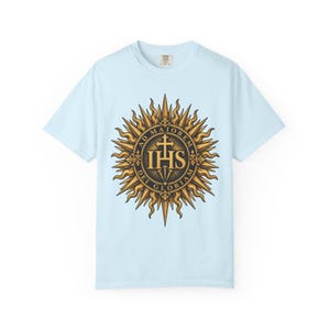 IHS Christogram Tee, AMDG Golden Sunburst, For the Greater Glory of God, Latin Catholic Gift for Jesuit Alumni or Graduates, Comfort Colors image 8