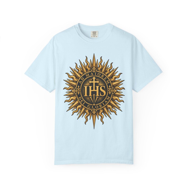 IHS Christogram Tee, AMDG Golden Sunburst, For the Greater Glory of God, Latin Catholic Gift for Jesuit Alumni or Graduates, Comfort Colors image 8