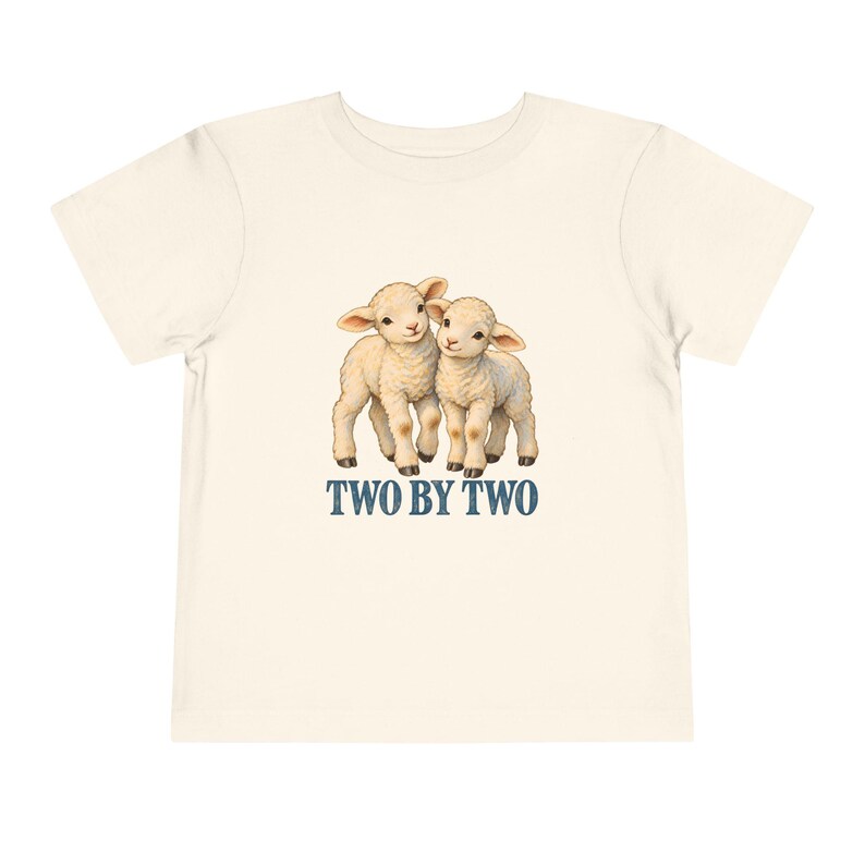 Kleinkind-T-Shirt „Zwei mal Zwei“, Shirt mit Zwillingslämmern, christliches Geschenk zur Arche Noah für Zwillinge oder Geschwister, Vintage-Lamm-Motiv Bild 3
