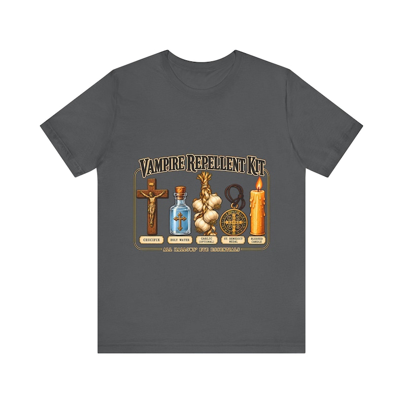 Vampire Repellent Kit Shirt, Funny Catholic Halloween Tee, Crucifix Garlic and St Benedict Medal Art, All Hallows Eve Gift, Bella Canvas Tee image 6
