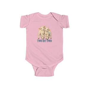 Baby Two by Two Bodysuit, Twin Lambs Infant One Piece, Noah's Ark Christian Baby Gift for Twins, Vintage Lamb Art image 4
