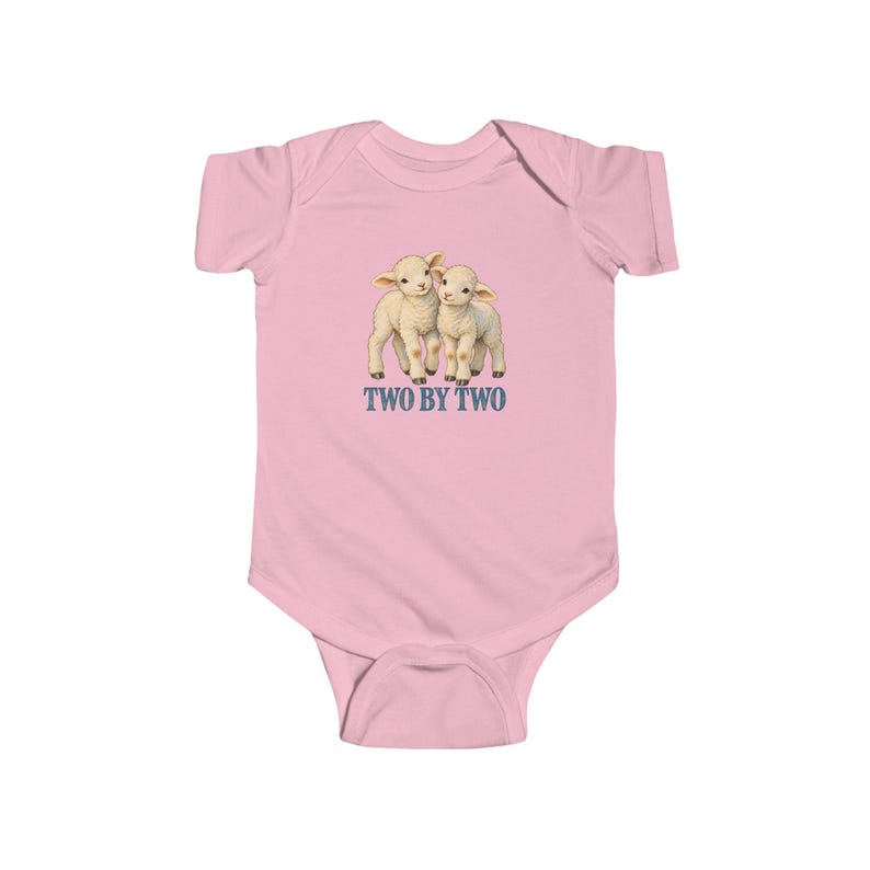 Baby Two by Two Bodysuit, Twin Lambs Infant One Piece, Noah's Ark Christian Baby Gift for Twins, Vintage Lamb Art image 4