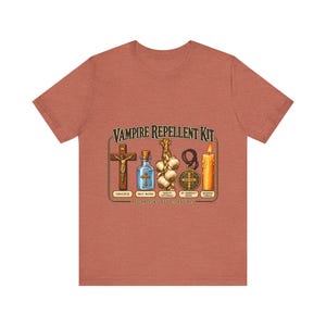 Vampire Repellent Kit Shirt, Funny Catholic Halloween Tee, Crucifix Garlic and St Benedict Medal Art, All Hallows Eve Gift, Bella Canvas Tee image 1