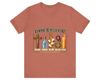 Camiseta con kit repelente de vampiros, divertida camiseta católica de Halloween, crucifijo, ajo y medalla de San Benito, regalo de la víspera de Todos los Santos, camiseta Bella Canvas