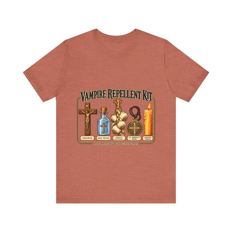 Vampire Repellent Kit Shirt, Funny Catholic Halloween Tee, Crucifix Garlic and St Benedict Medal Art, All Hallows Eve Gift, Bella Canvas Tee image 1
