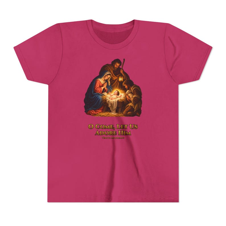 Kids O Come Let Us Adore Him Shirt, Youth Nativity Christmas Tee, Catholic Christmas Gift for Kids, Holy Family Venite Adoremus image 20