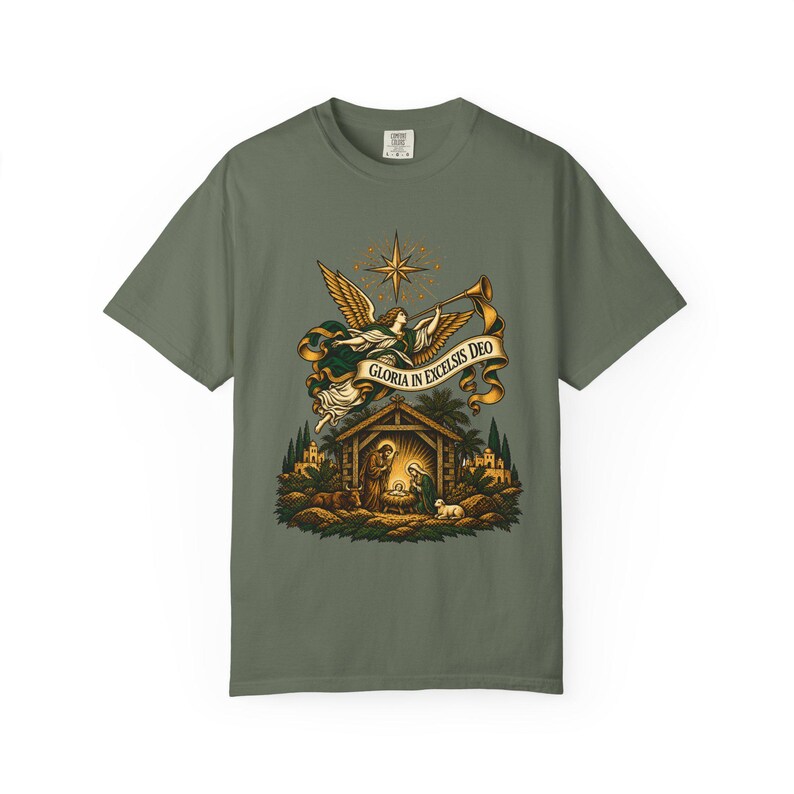 Herald Angel Trumpet Tee, Glory to God in the Highest Nativity, Vintage Christian Christmas Gift for Mass or Choir, Comfort Colors image 6