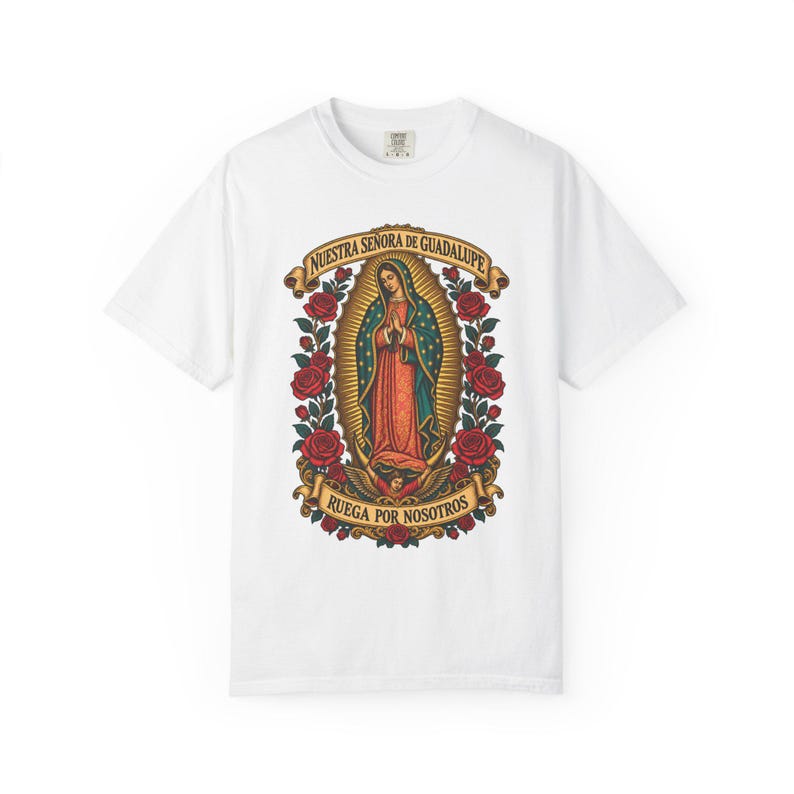 Nuestra Señora de Guadalupe Tee, Virgin of Tepeyac with Roses, Mexican Catholic Gift, Hispanic Mom Apparel, Dec 12 Feast Day, Comfort Colors image 3