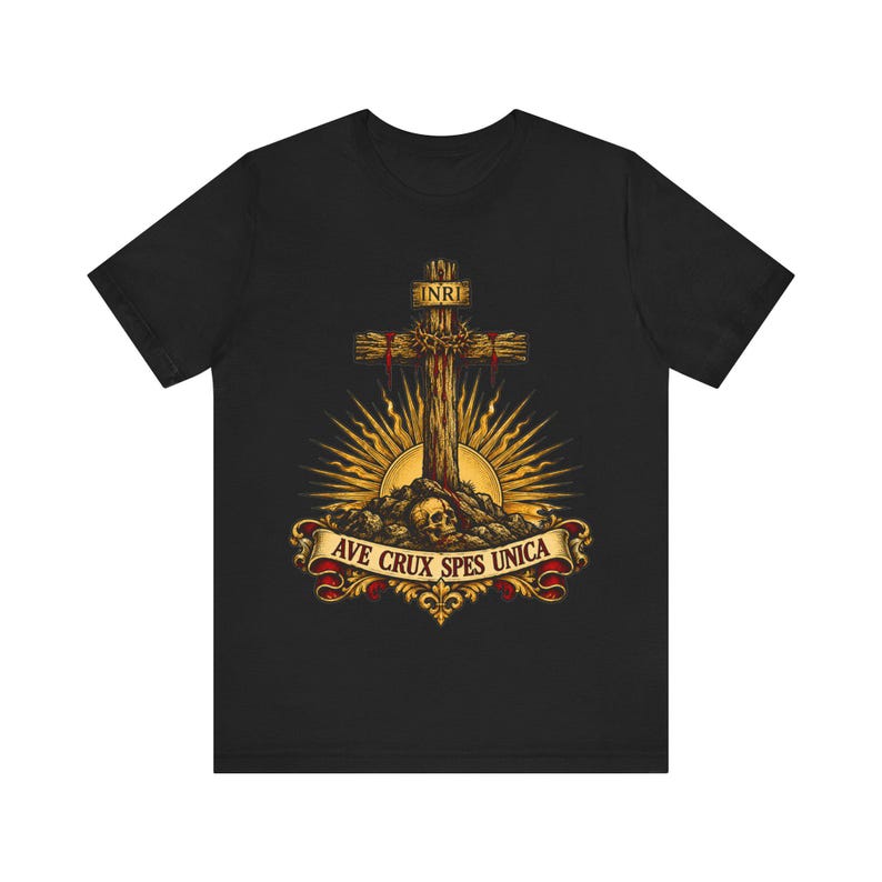 Ave Crux Spes Unica Shirt, Hail the Cross Our Only Hope Tee, Latin Crucifix with INRI, Lenten Gift for Catholic Men, Good Friday Apparel image 2