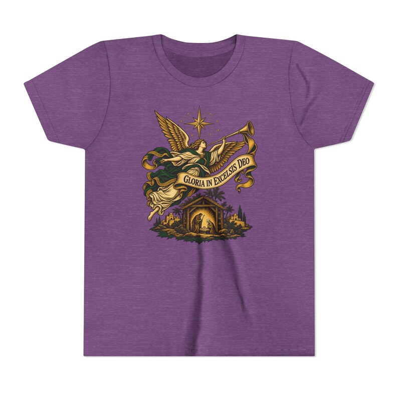 Camiseta infantil del Ángel de la Natividad, Camiseta juvenil Gloria in Excelsis Deo, Regalo católico de Navidad para niños, Representación navideña de la Estrella de Belén imagen 18