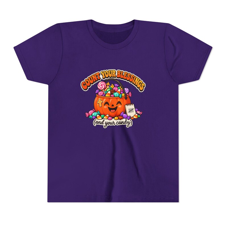 Camiseta cristã de Halloween, abóbora de doces "Conte suas bênçãos", camiseta juvenil de outono imagem 7