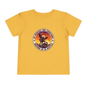 Toddler Retro St Michael Badge Tee, Defend Us in Battle Shirt, Catholic Gift for Toddlers, Archangel Slaying Dragon Sunset image 8