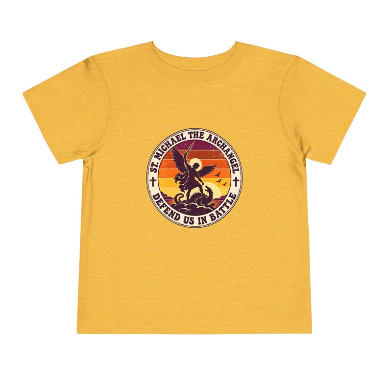 Toddler Retro St Michael Badge Tee, Defend Us in Battle Shirt, Catholic Gift for Toddlers, Archangel Slaying Dragon Sunset image 8