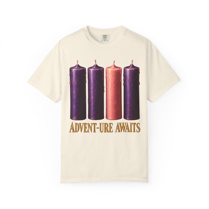 Advent-ure Awaits Comfort Colors Shirt | Catholic Advent T-Shirt | Gift for Catholic Family | Three Purple and One Rose Candle image 2