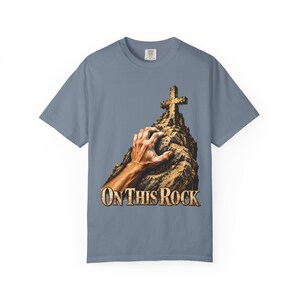 On This Rock Comfort Colors Shirt | Catholic Climbing T-Shirt | Gift for Rock Climber | Hand on Rock with Cross image 3