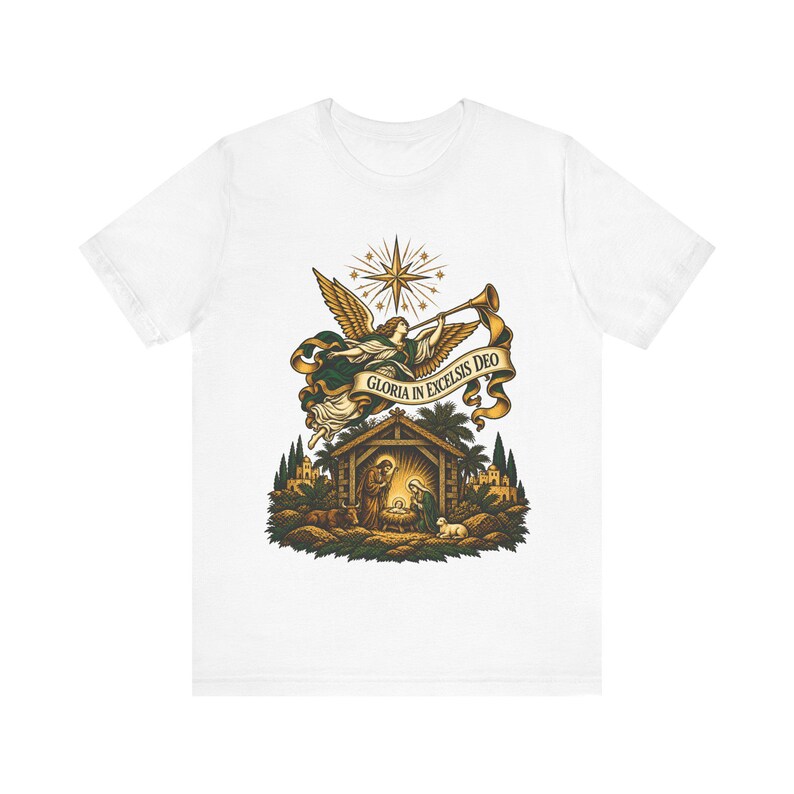 Christmas Angel Shirt, Gloria in Excelsis Deo Herald Tee, Vintage Nativity Art, Christian Gift for Choir, Bethlehem Star, Catholic Holiday image 5