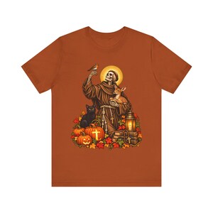 Skeleton St Francis Shirt | Catholic Halloween T-Shirt | Animal Lover Gift | Spooky Saint with Deer and Cat image 9